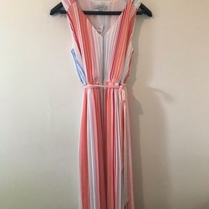 LOFT sleeveless pleated pastel striped midi dress size medium